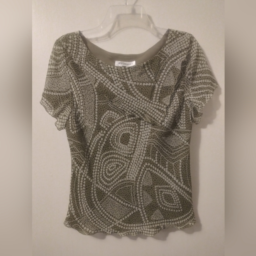 Studio One Blouse Size 12 Lined Short Sleeve Olive Green Brown Geo Dot Print